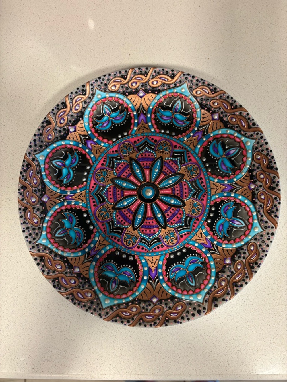 Hand-Painted Mandala Wall Plate in Teal, Pink & Gold